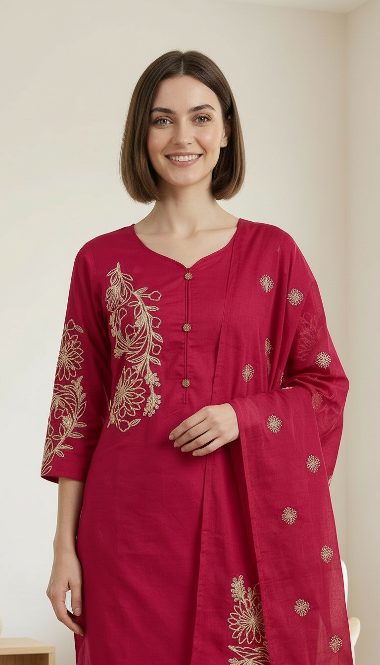 Embroidered Majanta Cotton Stitched Ethnic Suit - Majanta  / SD00188 view 5