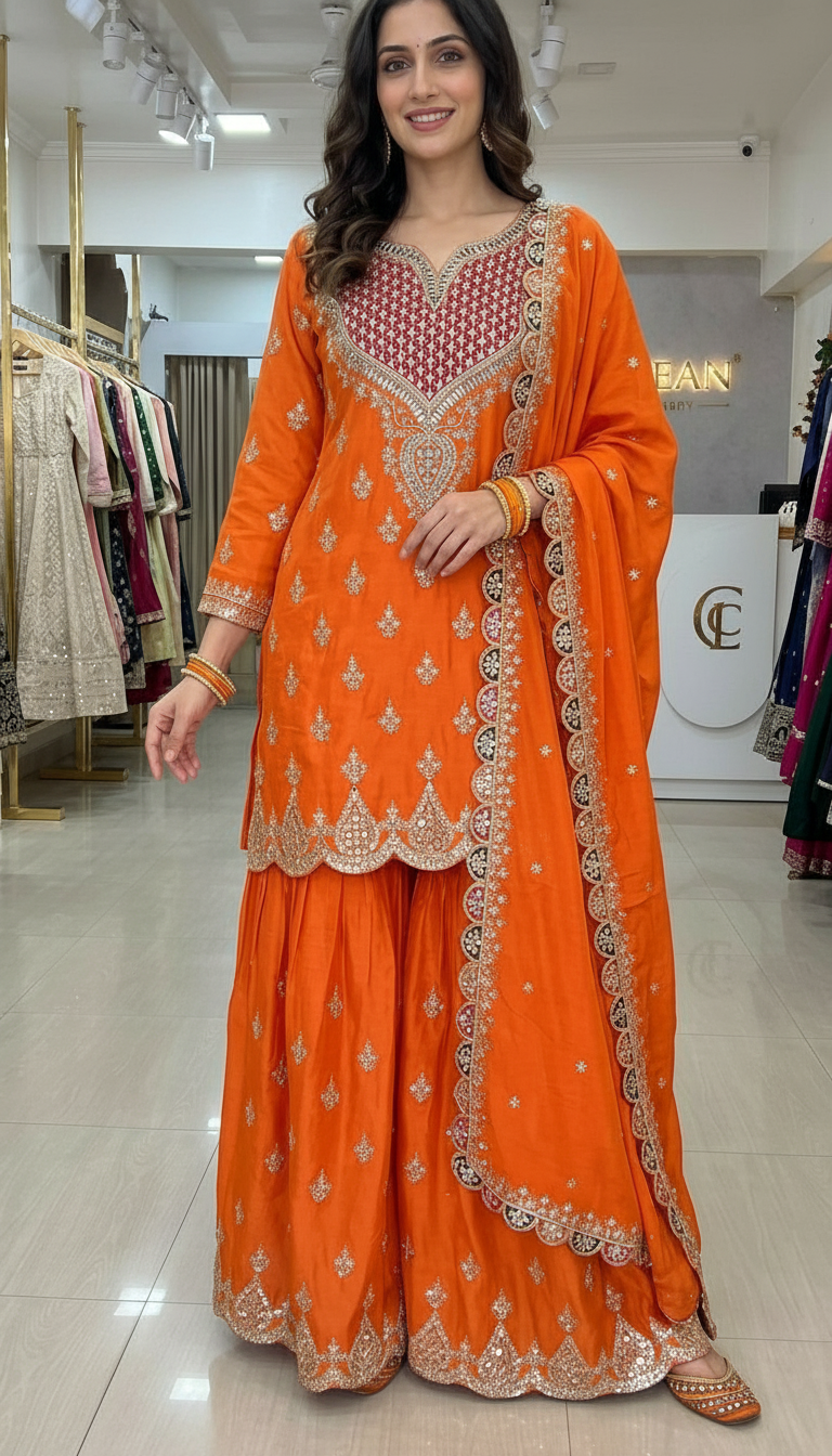 Embroidered Orange Gulzar Premium Chinnon Designer Heavy Worked Suit - 1903 / HC002128 view 6