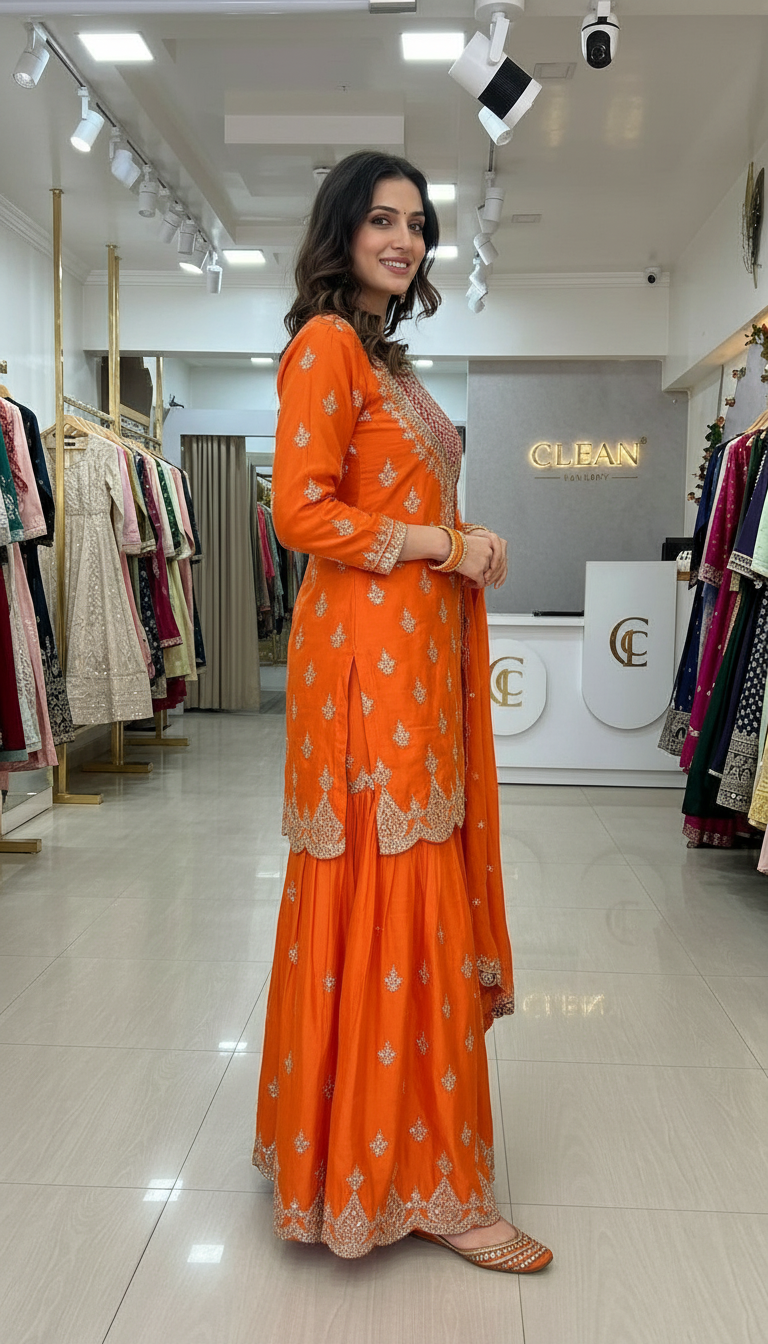 Embroidered Orange Gulzar Premium Chinnon Designer Heavy Worked Suit - 1903 / HC002128 view 2