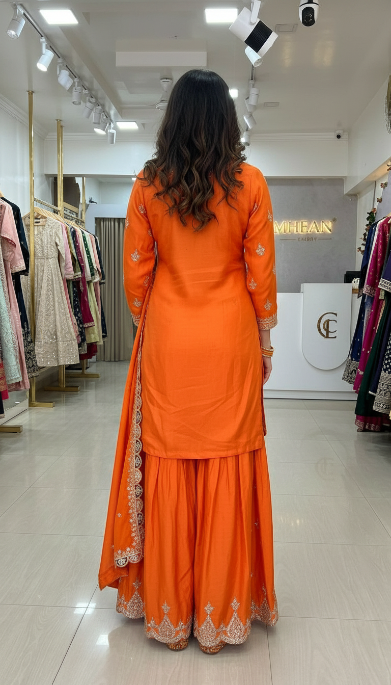 Embroidered Orange Gulzar Premium Chinnon Designer Heavy Worked Suit - 1903 / HC002128 view 5