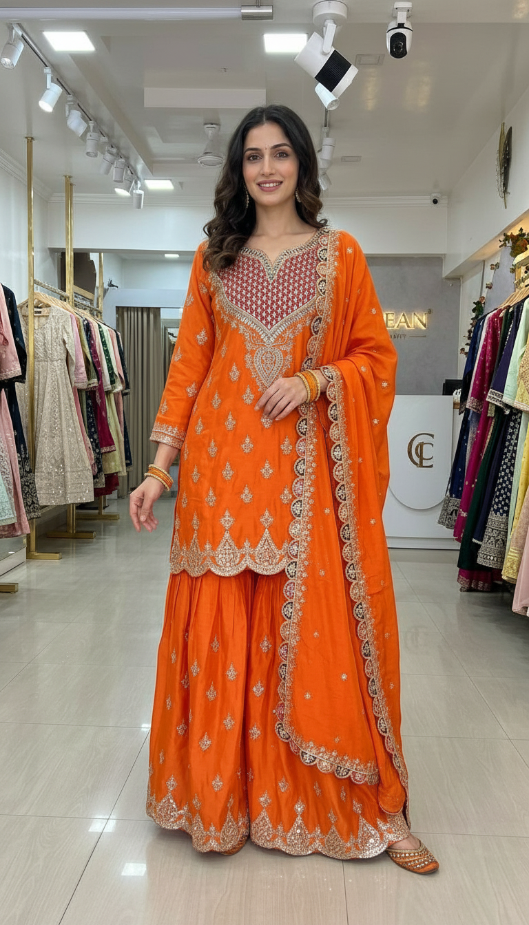 Embroidered Orange Gulzar Premium Chinnon Designer Heavy Worked Suit - 1903 / HC002128 view 4
