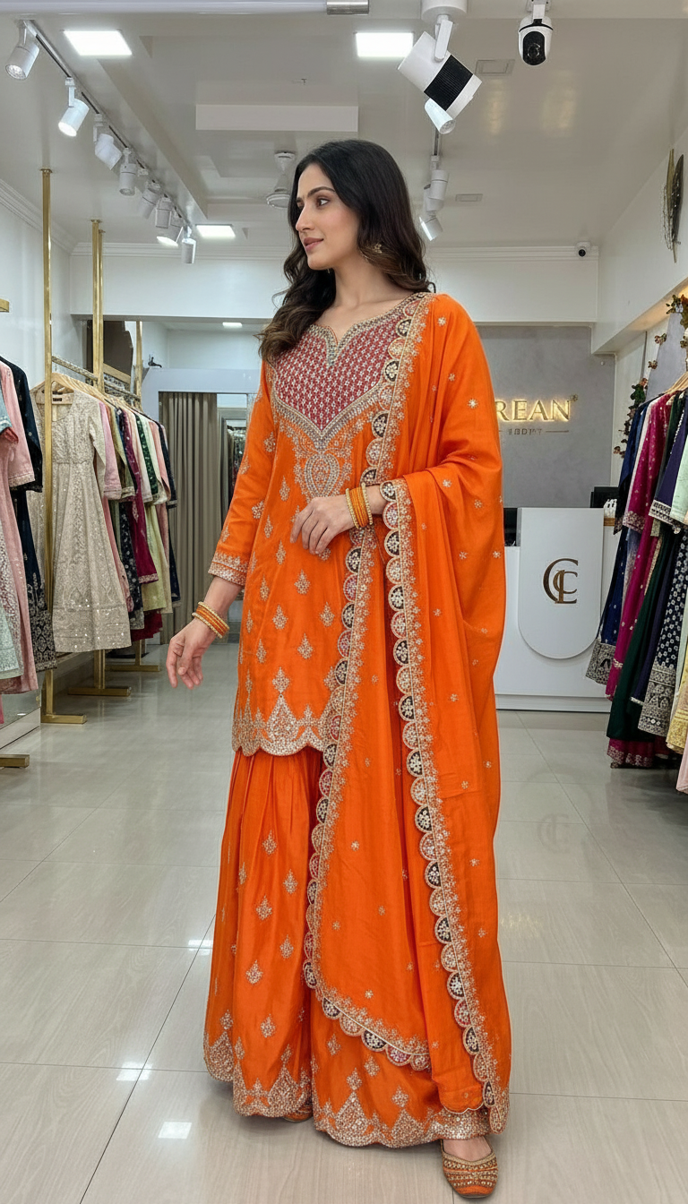 Embroidered Orange Gulzar Premium Chinnon Designer Heavy Worked Suit - 1903 / HC002128 view 3