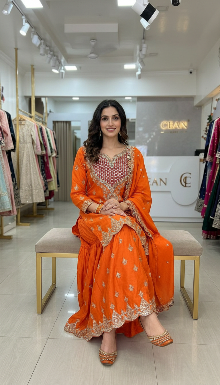 Embroidered Orange Gulzar Premium Chinnon Designer Heavy Worked Suit - 1903 / HC002128 view 7