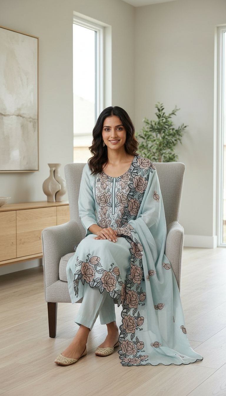 Embroidered Dola Silk Fancy Aur Stylish Stitched Suit - Firozi C XXL / HC002554 view 5