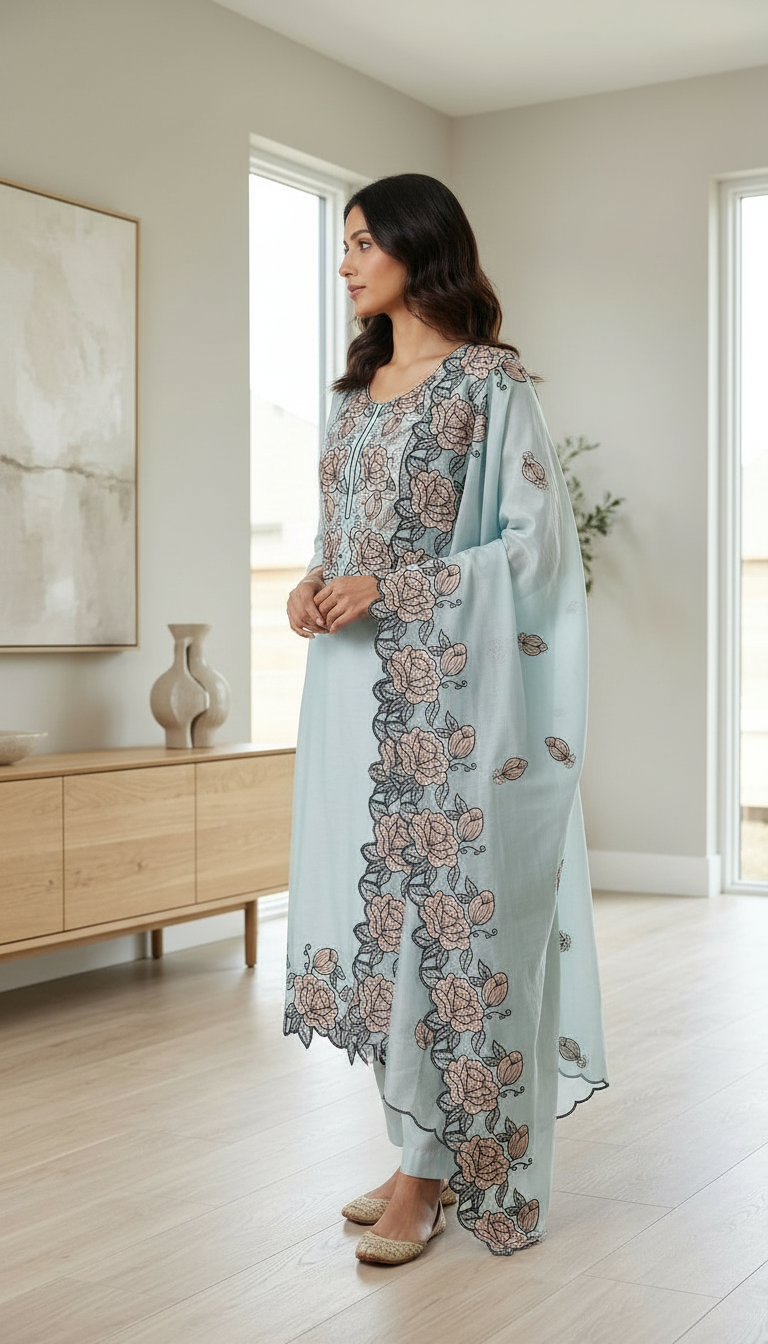 Embroidered Dola Silk Fancy Aur Stylish Stitched Suit - Firozi C XXL / HC002554 view 2