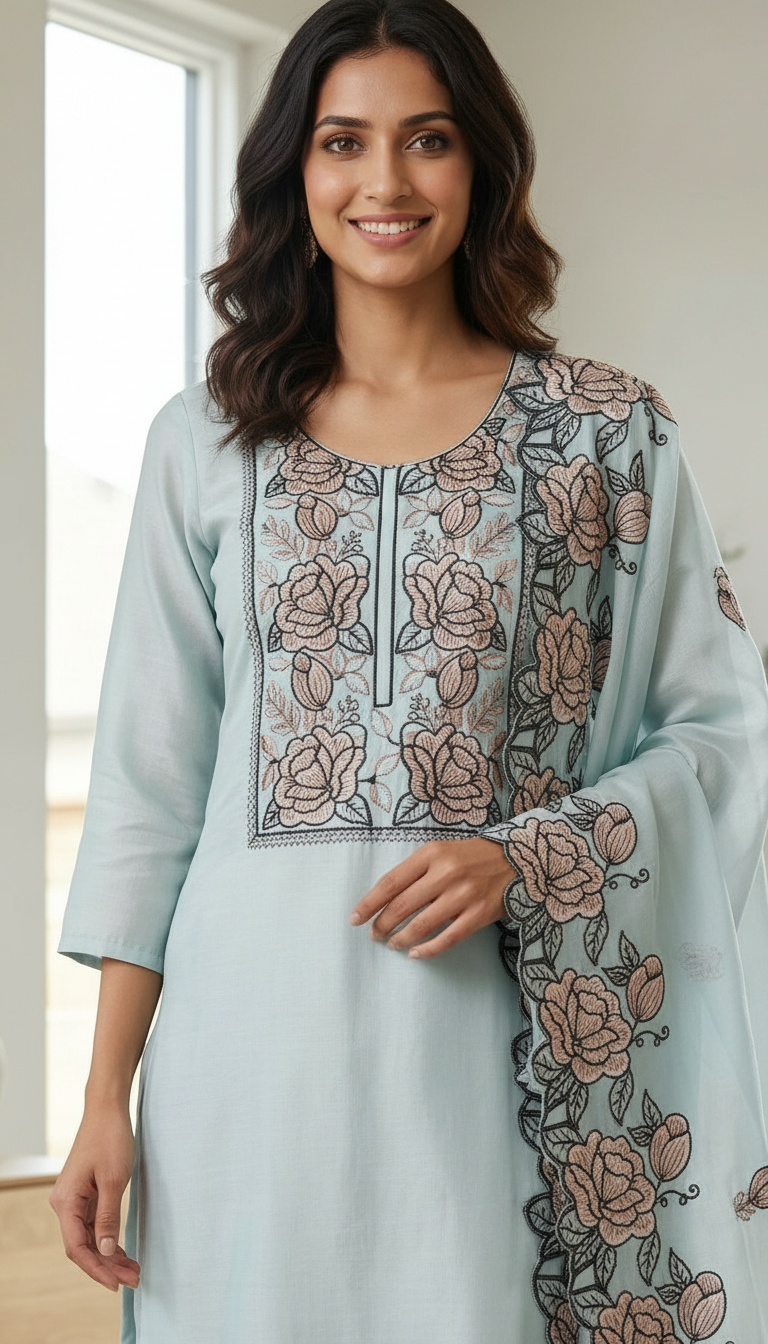 Embroidered Dola Silk Fancy Aur Stylish Stitched Suit - Firozi C XXL / HC002554 view 4