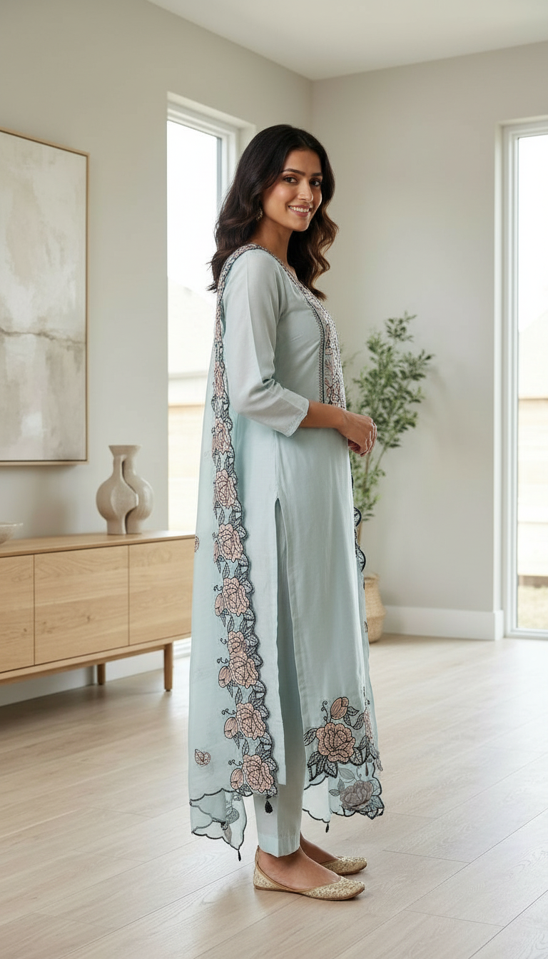 Embroidered Dola Silk Fancy Aur Stylish Stitched Suit - Firozi C XXL / HC002554 view 3