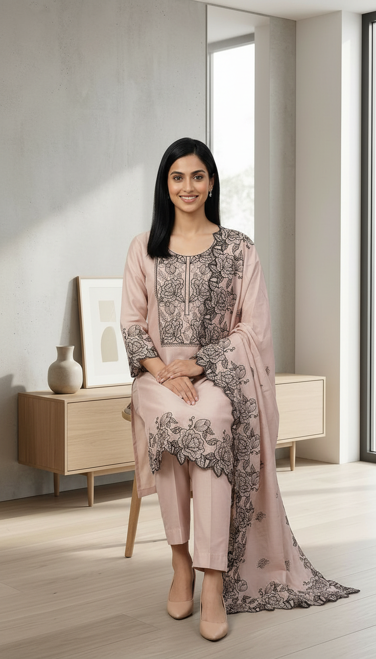 Fancy Embroidered Work Stylish Dola Silk Stitched Suit - Beige / HC002554 view 5