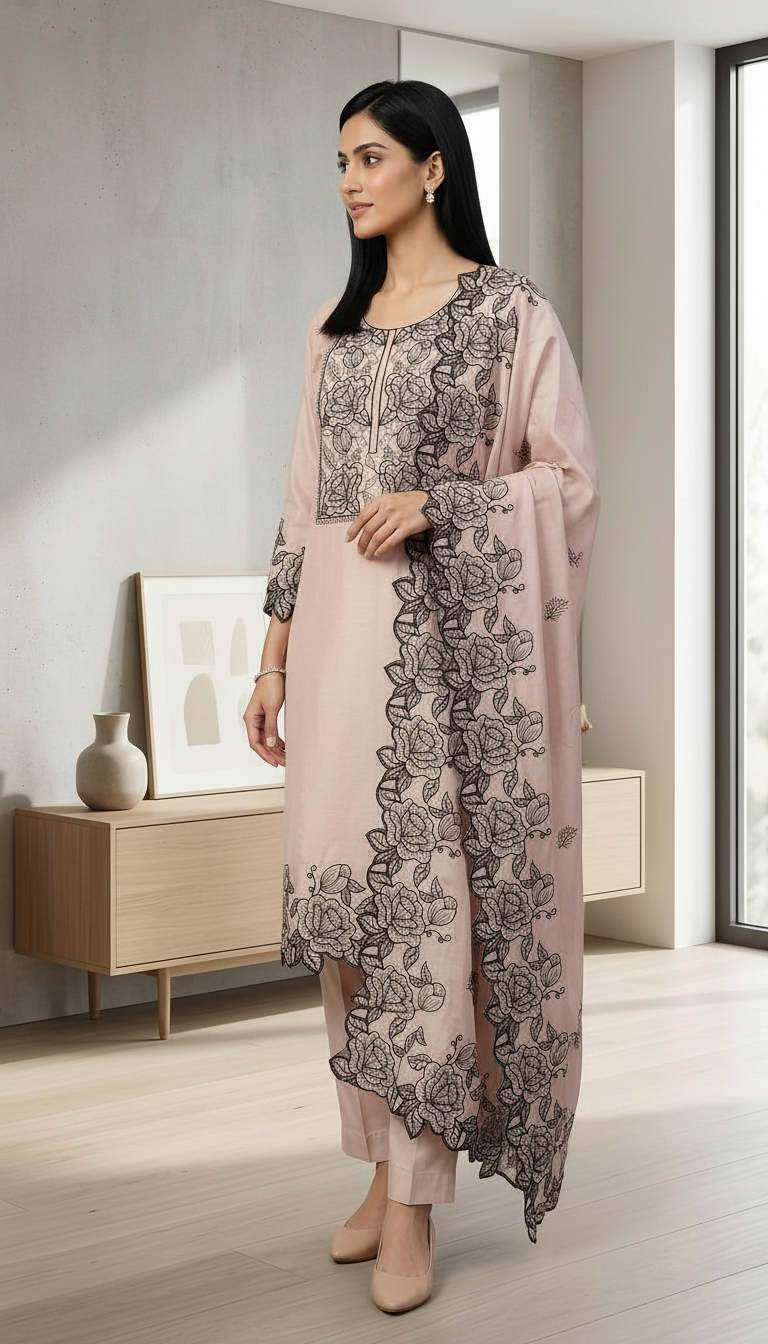 Fancy Embroidered Work Stylish Dola Silk Stitched Suit - Beige / HC002554 view 2