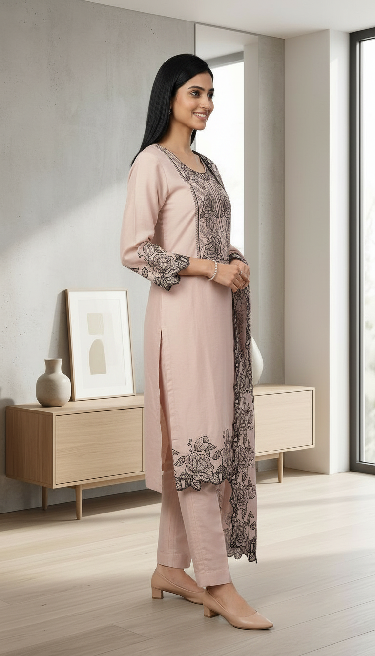Fancy Embroidered Work Stylish Dola Silk Stitched Suit - Beige / HC002554 view 3