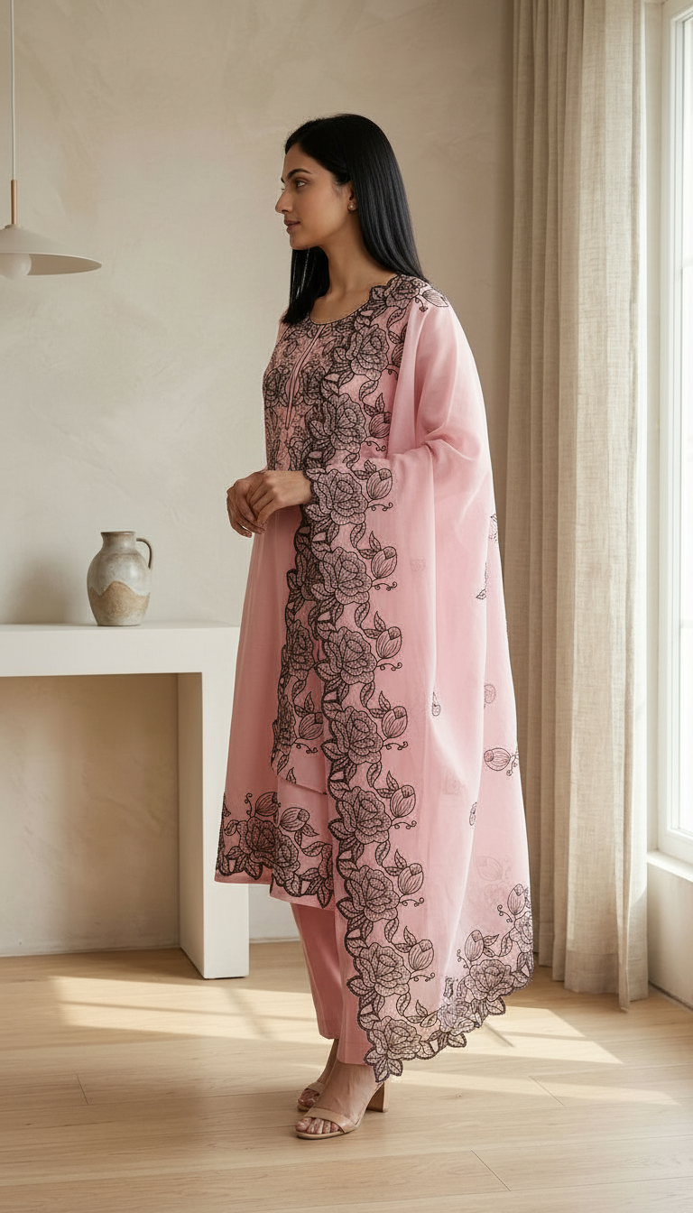 Fancy And Stylish Embroidered Dola Silk Stitched Suit - Pink  / HC002554 view 2