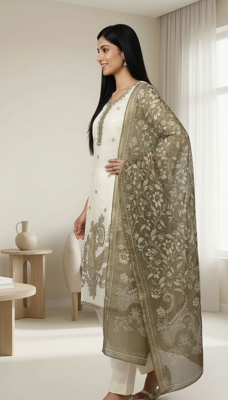 Kota Check With Juaqard Work Printed Stitched Suit - Mehndi A 369 / HC002555 view 2