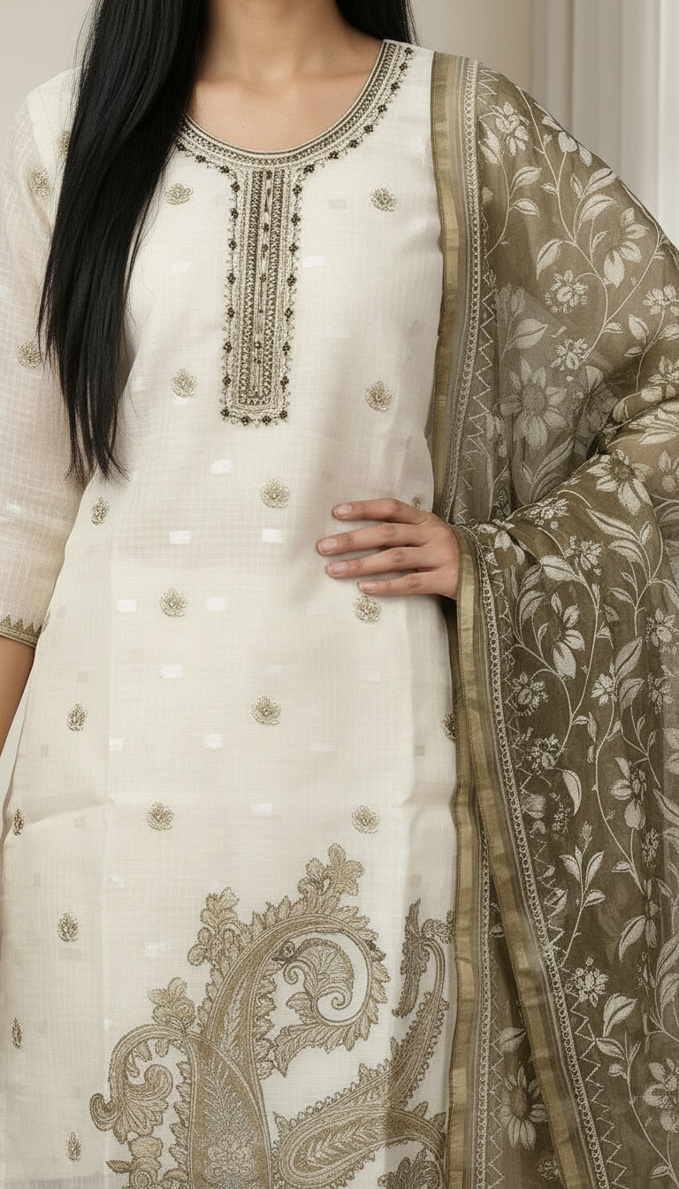 Kota Check With Juaqard Work Printed Stitched Suit - Mehndi A 369 / HC002555 view 4