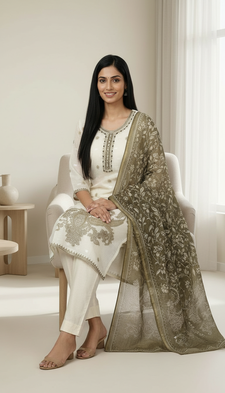 Kota Check With Juaqard Work Printed Stitched Suit - Mehndi A 369 / HC002555 view 5
