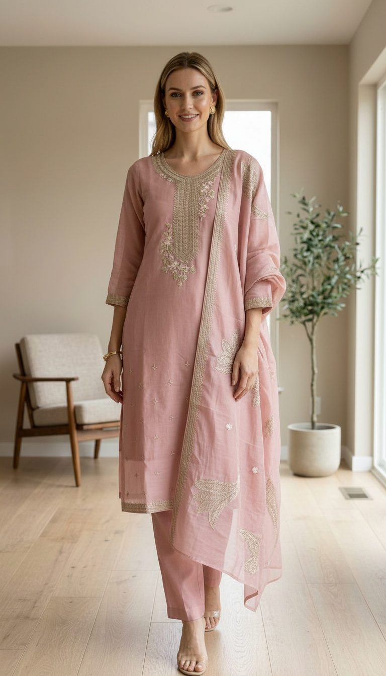 Embroidered Work Cotton Silk Stitched Suit -pink 336/ HC002556 view 3