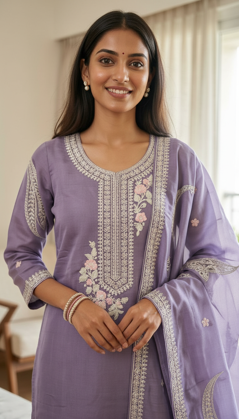 Embroidered Mal Chanderi Cotton Stitched Suit / Purple B 336/ HC002556 view 3