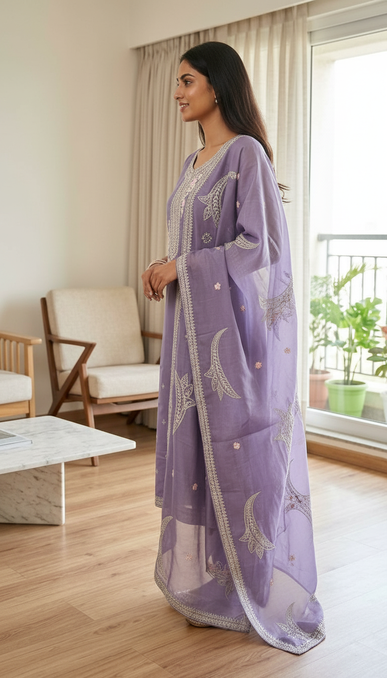Embroidered Mal Chanderi Cotton Stitched Suit / Purple B 336/ HC002556 view 2