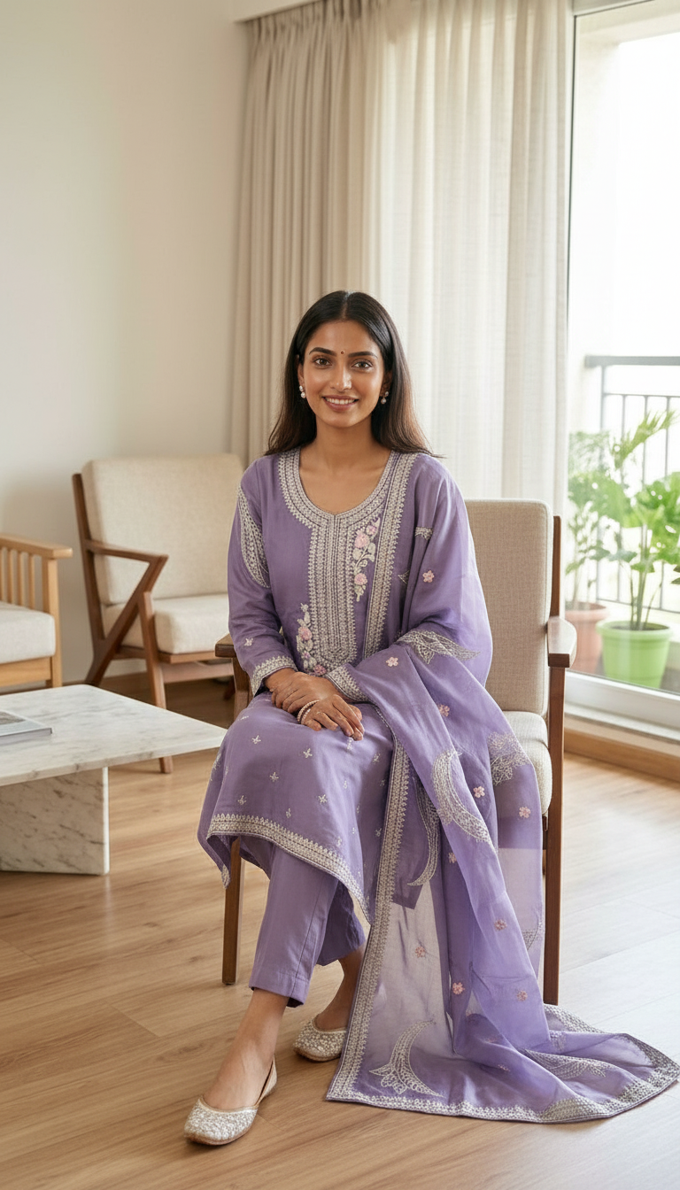 Embroidered Mal Chanderi Cotton Stitched Suit / Purple B 336/ HC002556 view 4