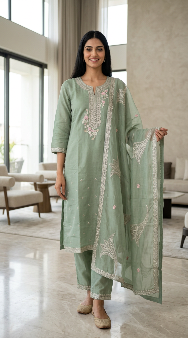 Embroidered Fancy Work Mal Chanderi Cotton Stitched Suit - Green A 336 / HC002556 view 5