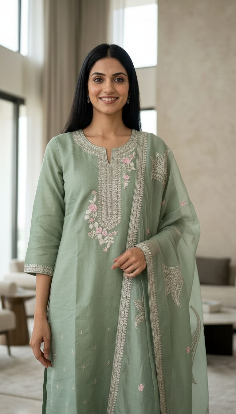Embroidered Fancy Work Mal Chanderi Cotton Stitched Suit - Green A 336 / HC002556 view 3