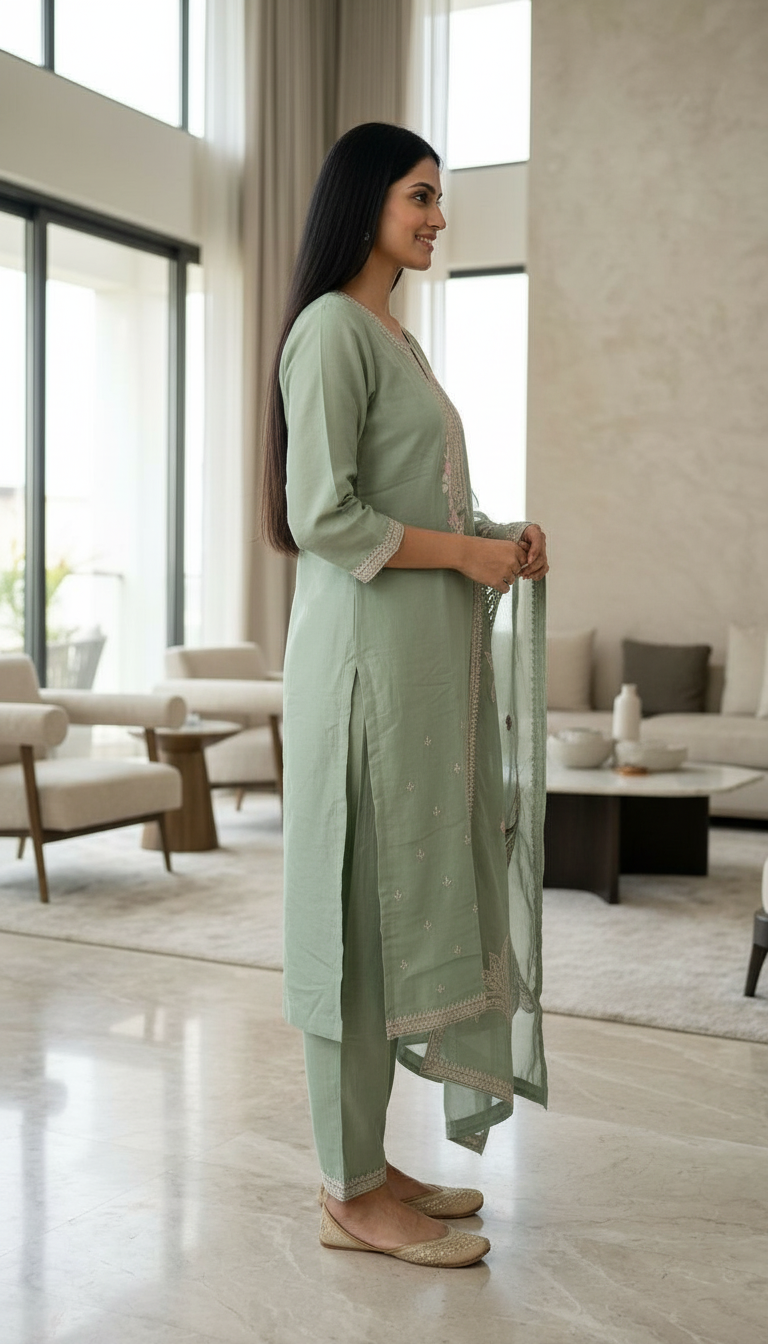 Embroidered Fancy Work Mal Chanderi Cotton Stitched Suit - Green A 336 / HC002556 view 2