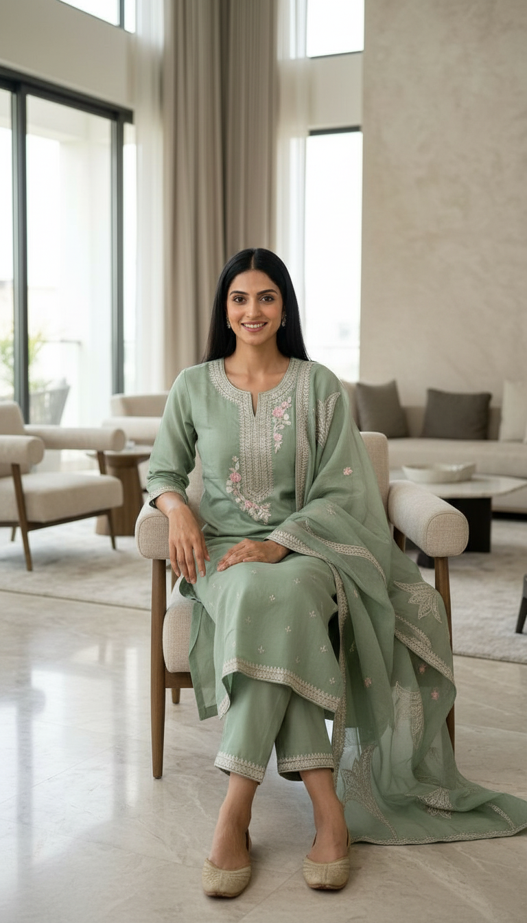 Embroidered Fancy Work Mal Chanderi Cotton Stitched Suit - Green A 336 / HC002556 view 4