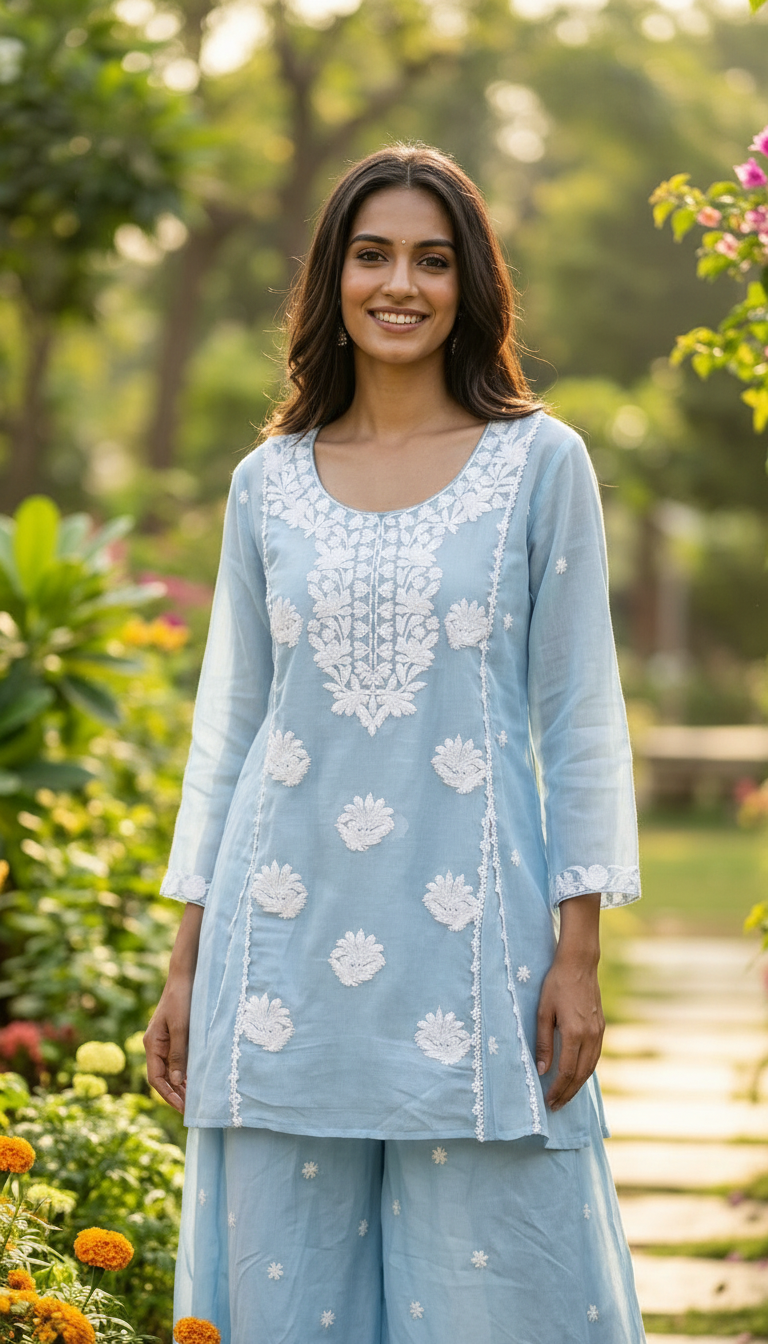 Embroidered Mal Chanderi Cotton Stylish Cord Set - Firozi  171 B / HC002558 view 3