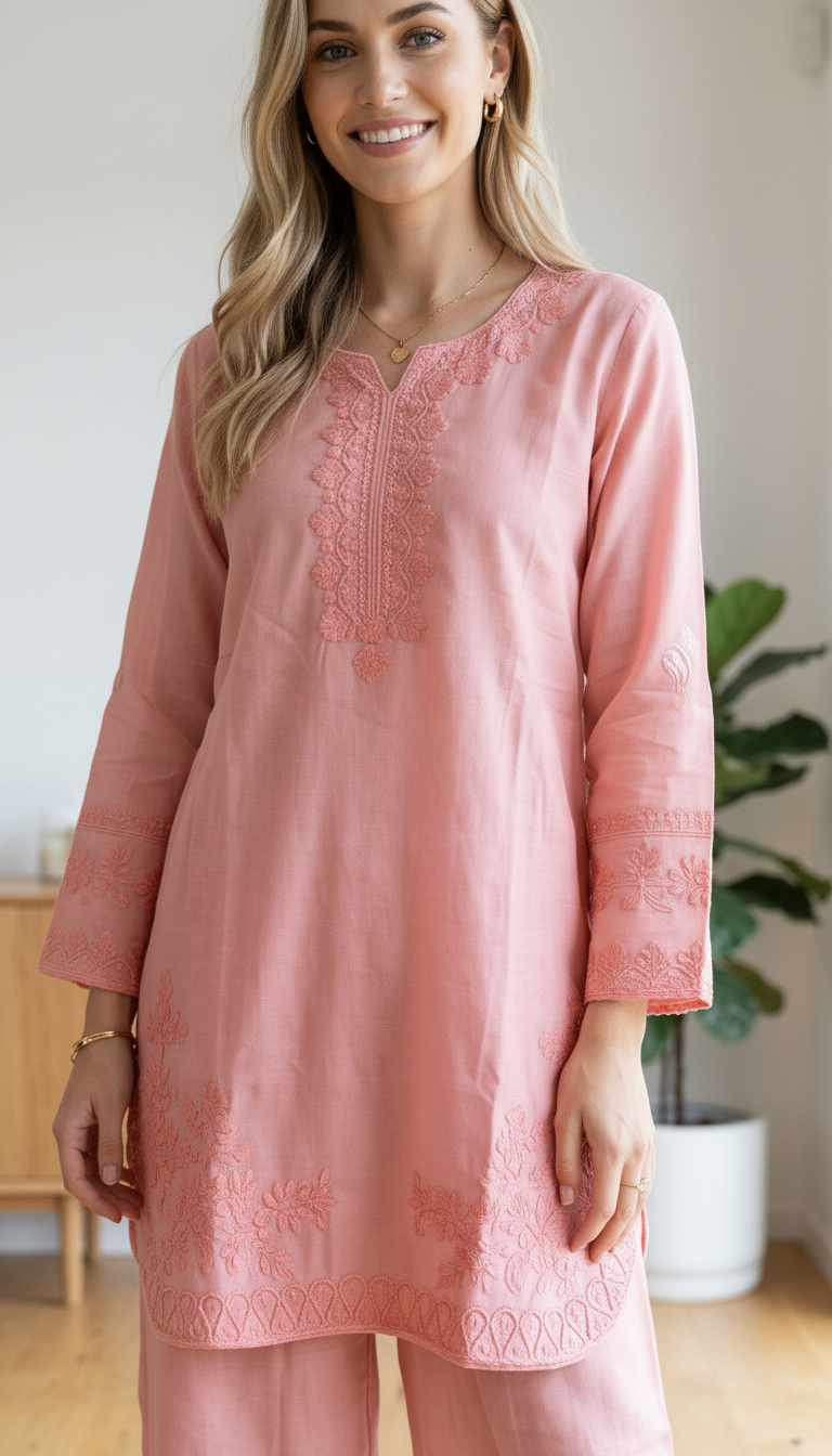 Embroidered Pink Chicken Kari Stitched Cord Set - Pink A 172 / HC002552 view 4