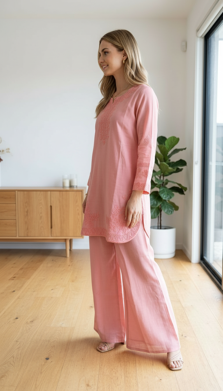 Embroidered Pink Chicken Kari Stitched Cord Set - Pink A 172 / HC002552 view 2