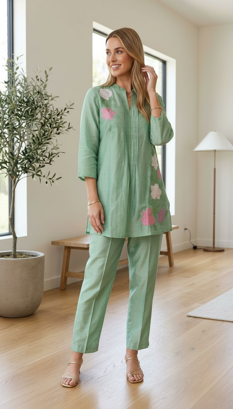 Embroidered Stylish Cord Set / Green B 140 / HC002549 view 2