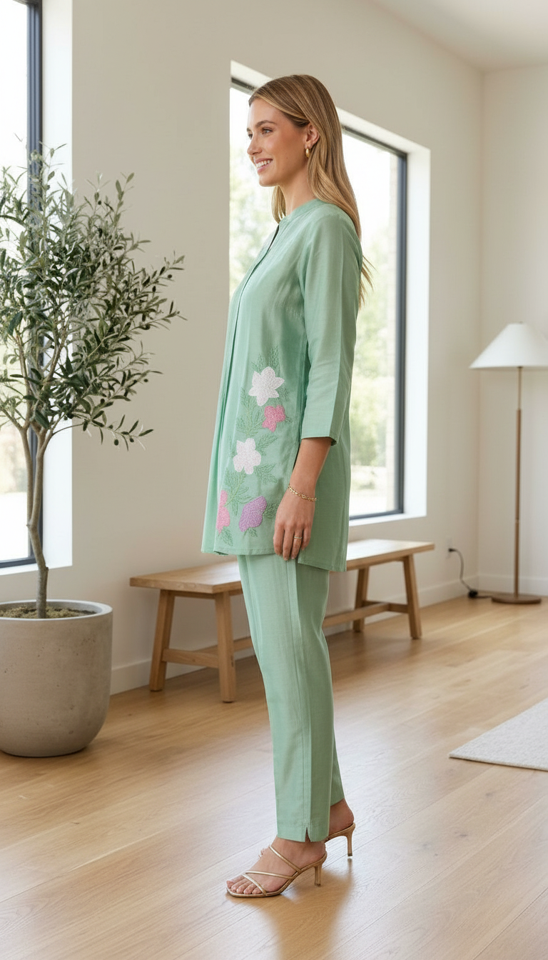 Embroidered Stylish Cord Set / Green B 140 / HC002549 view 3