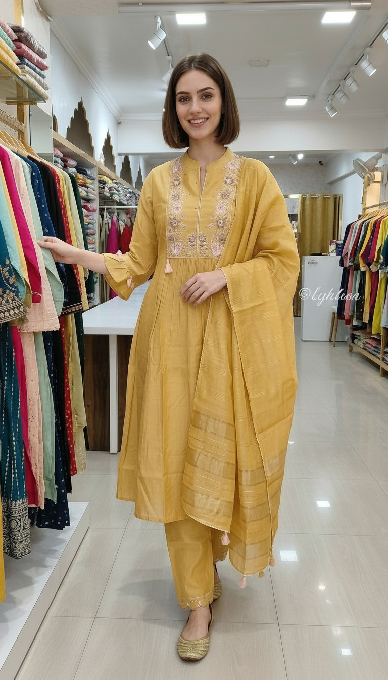 Fancy Embroidered Soft Cotton Stitched Suit - Yellow 3059 /HC002570 view 2
