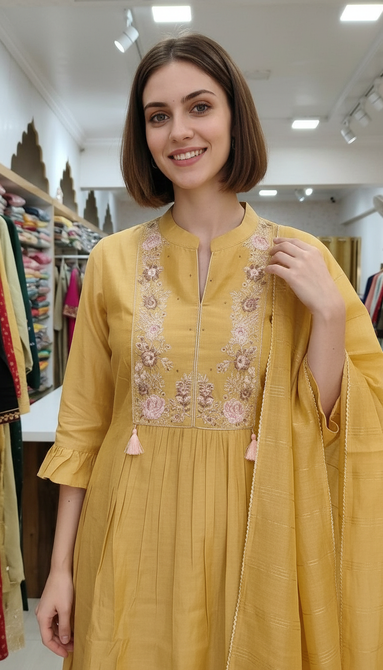 Fancy Embroidered Soft Cotton Stitched Suit - Yellow 3059 /HC002570 view 4