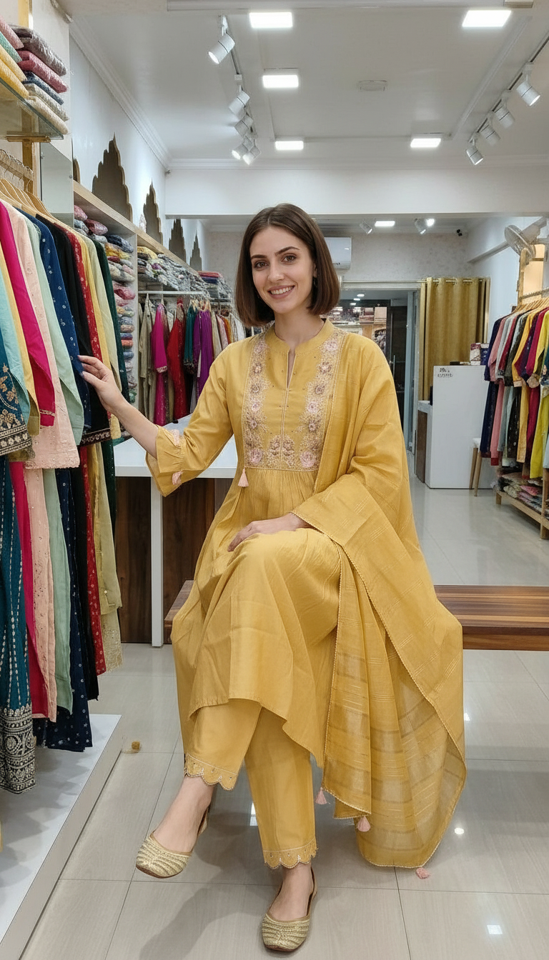Fancy Embroidered Soft Cotton Stitched Suit - Yellow 3059 /HC002570 view 6