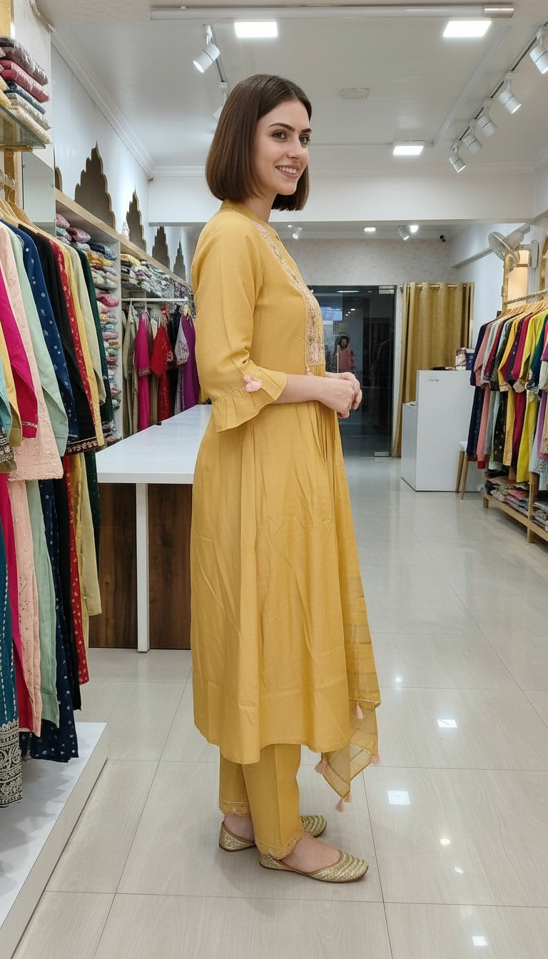 Fancy Embroidered Soft Cotton Stitched Suit - Yellow 3059 /HC002570 view 3