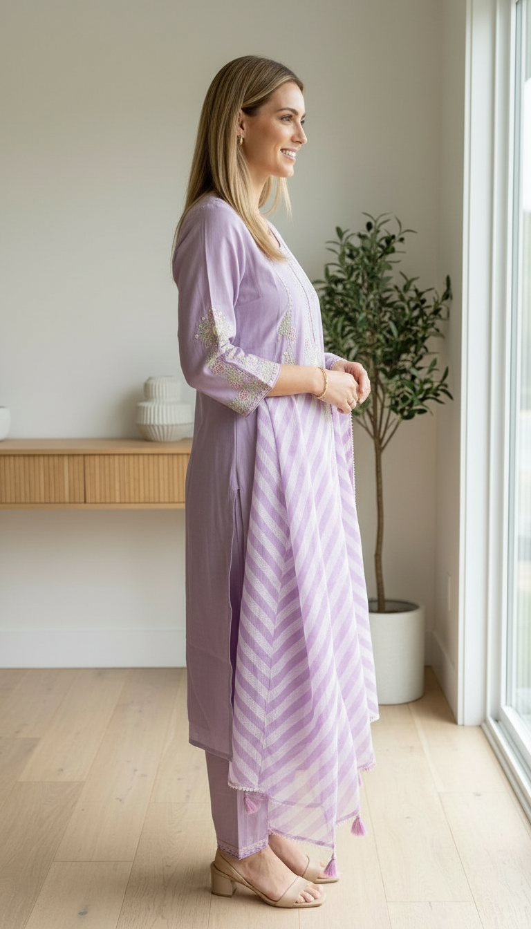 Fancy Embroidered Soft Cotton Stitched Suit - 3060 Purple / HC002567 view 3