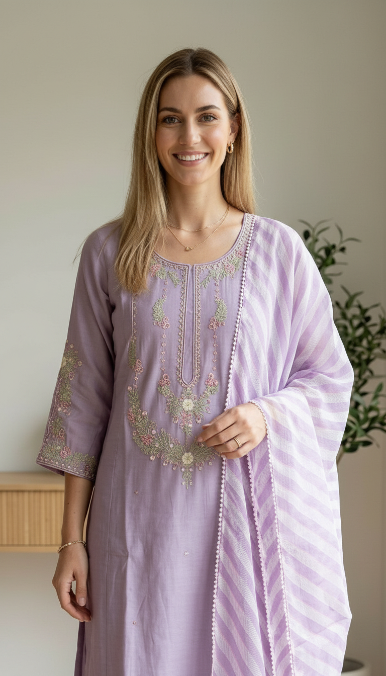 Fancy Embroidered Soft Cotton Stitched Suit - 3060 Purple / HC002567 view 4