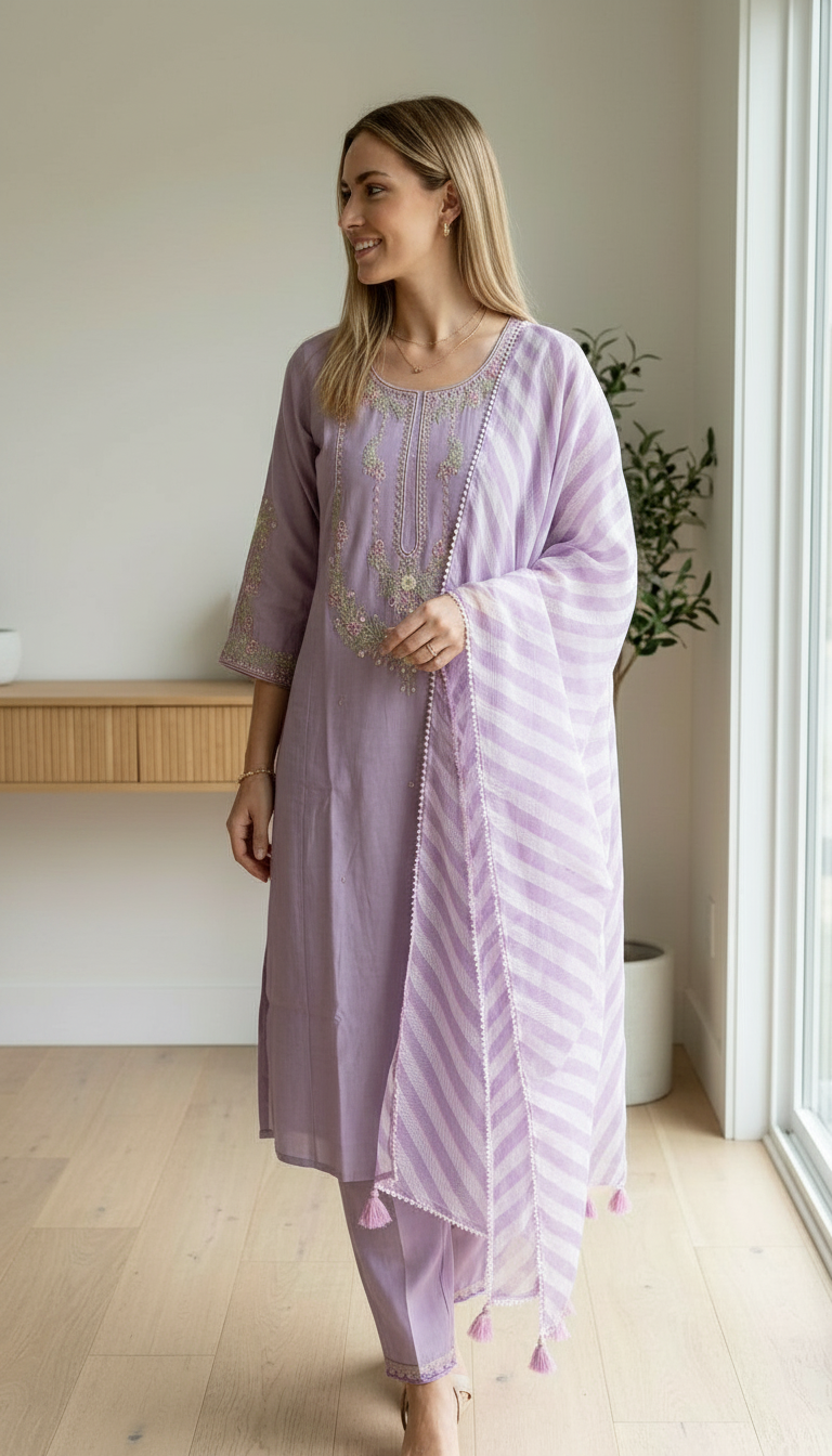 Fancy Embroidered Soft Cotton Stitched Suit - 3060 Purple / HC002567 view 2