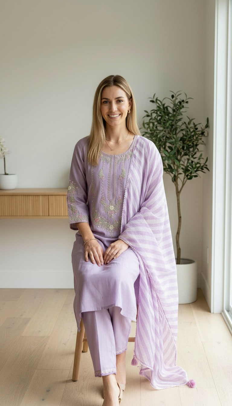 Fancy Embroidered Soft Cotton Stitched Suit - 3060 Purple / HC002567 view 5