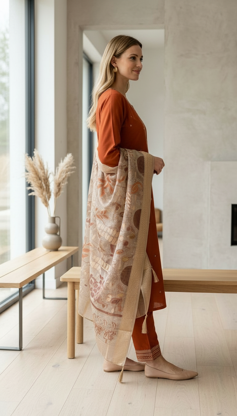 Elegant Embroidered Soft Cotton Silk Suit Set - 15112 Rust / HC002559 view 3