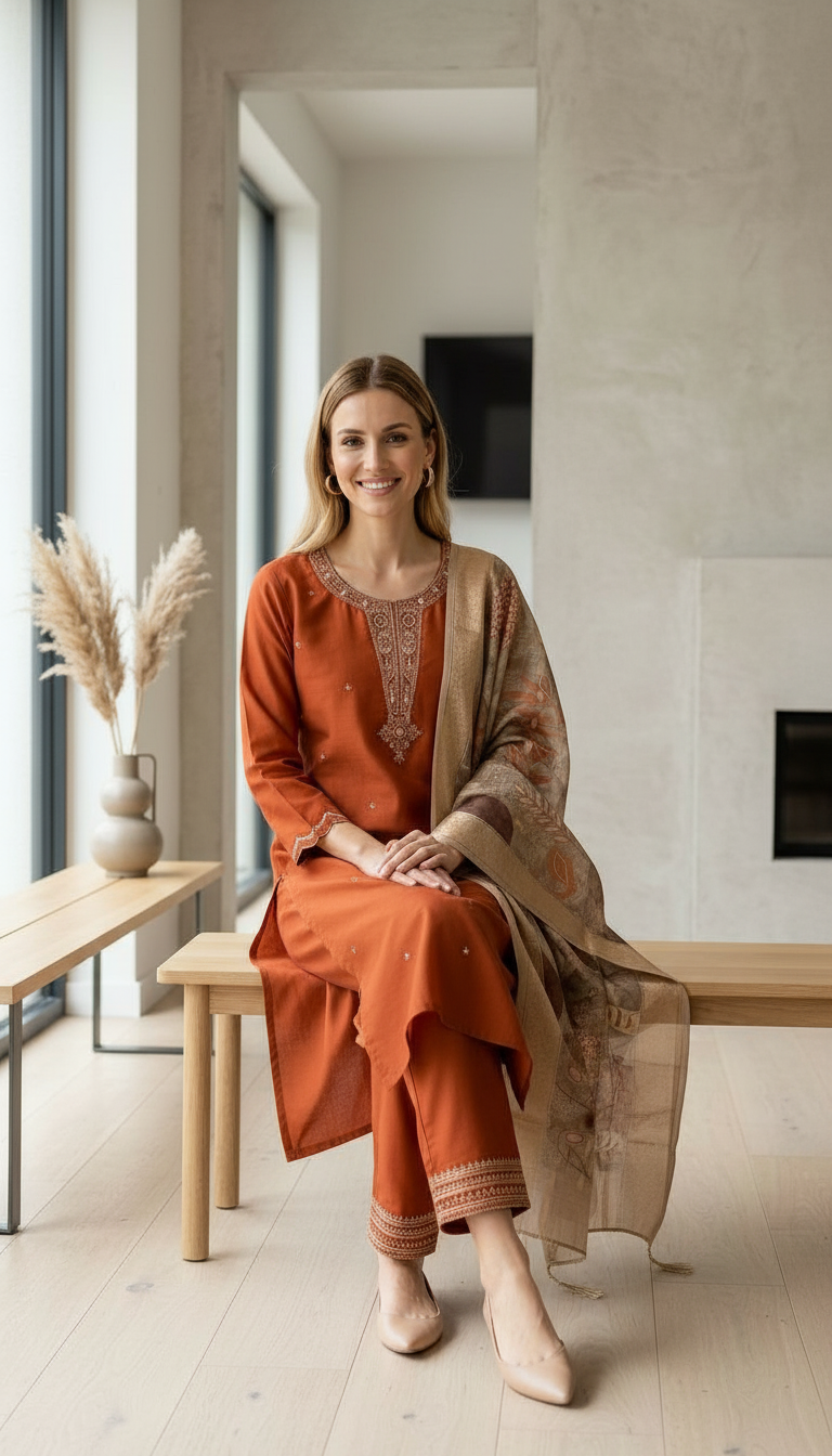 Elegant Embroidered Soft Cotton Silk Suit Set - 15112 Rust / HC002559 view 6