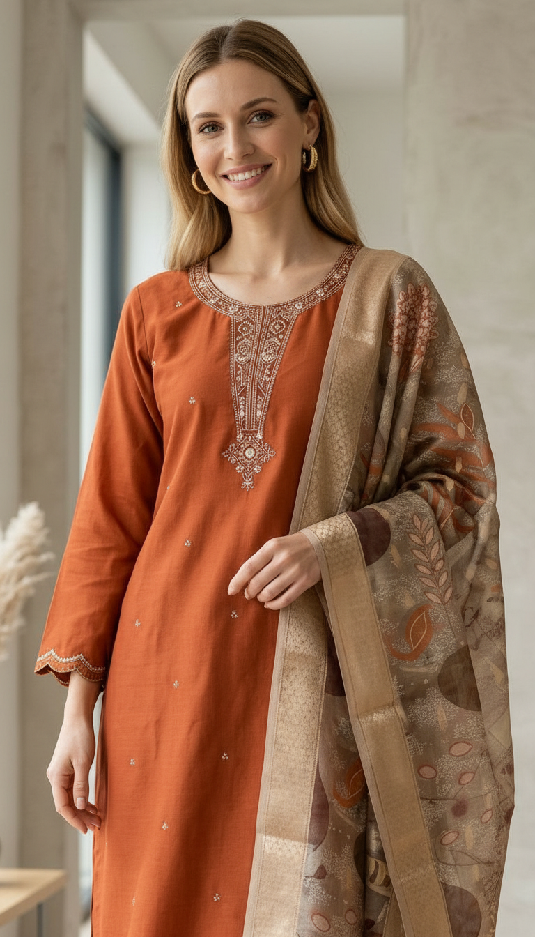 Elegant Embroidered Soft Cotton Silk Suit Set - 15112 Rust / HC002559 view 5