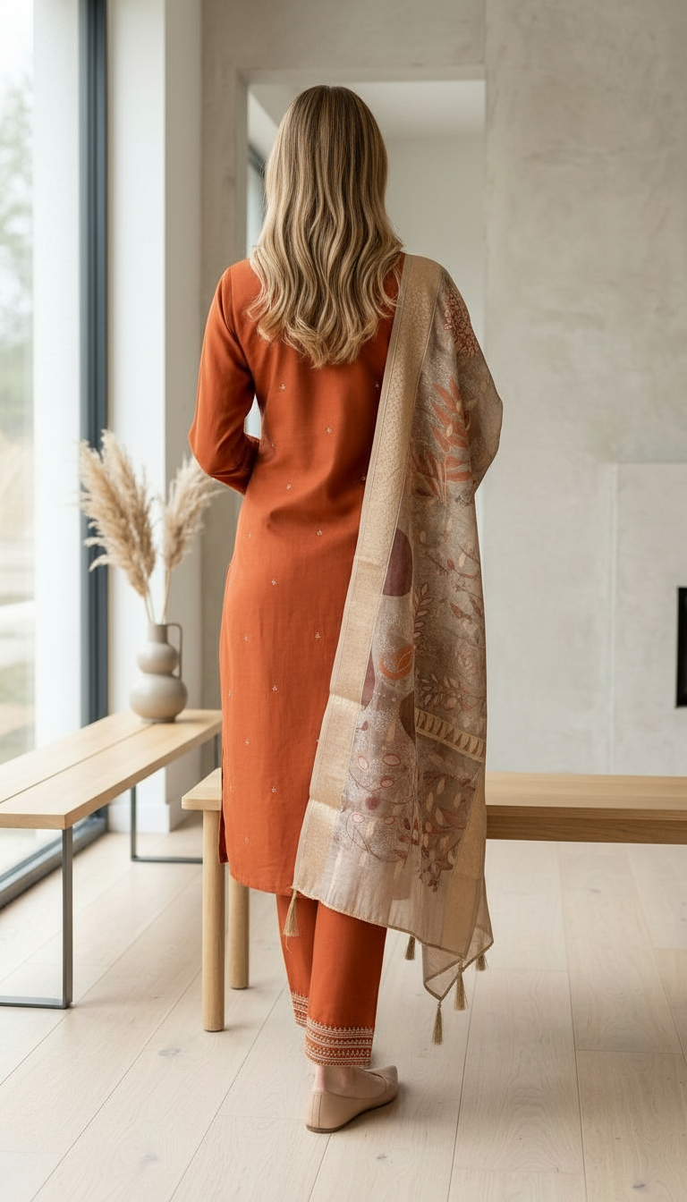 Elegant Embroidered Soft Cotton Silk Suit Set - 15112 Rust / HC002559 view 4