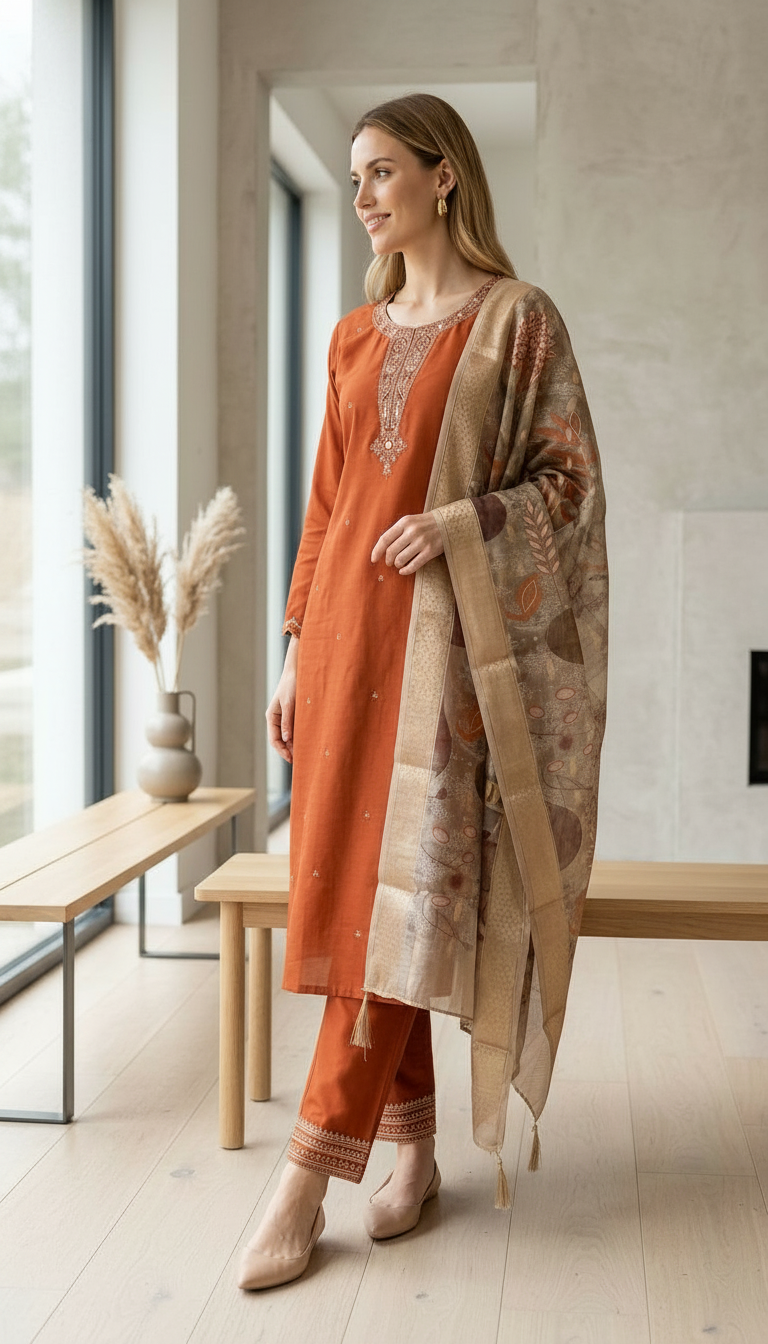 Elegant Embroidered Soft Cotton Silk Suit Set - 15112 Rust / HC002559 view 2