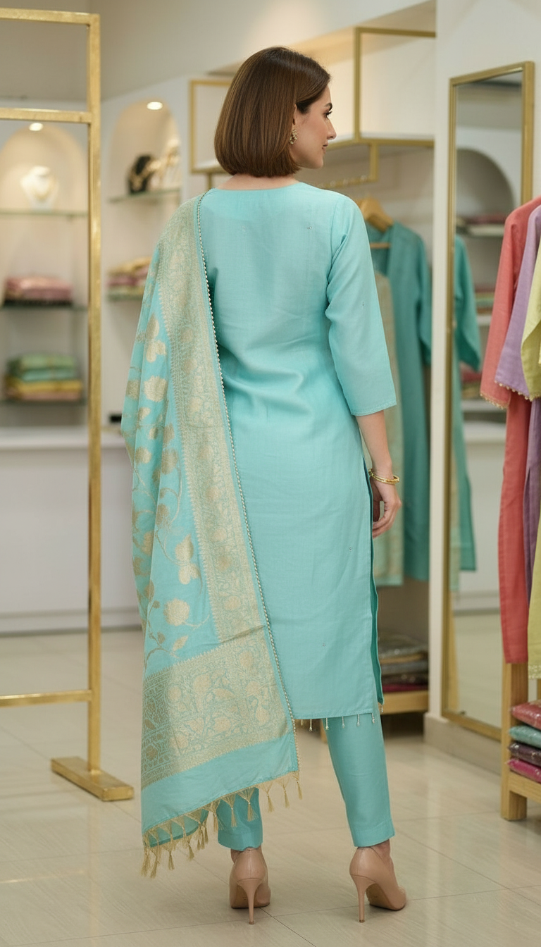 Comfortable Cotton Silk Stitched Suit - 7073 Firozi / HC002562 view 4