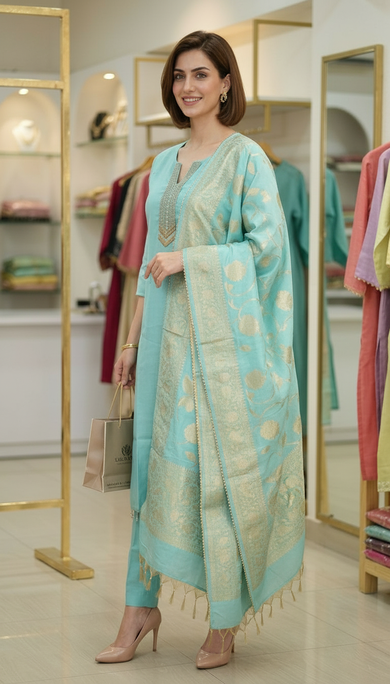 Comfortable Cotton Silk Stitched Suit - 7073 Firozi / HC002562 view 2