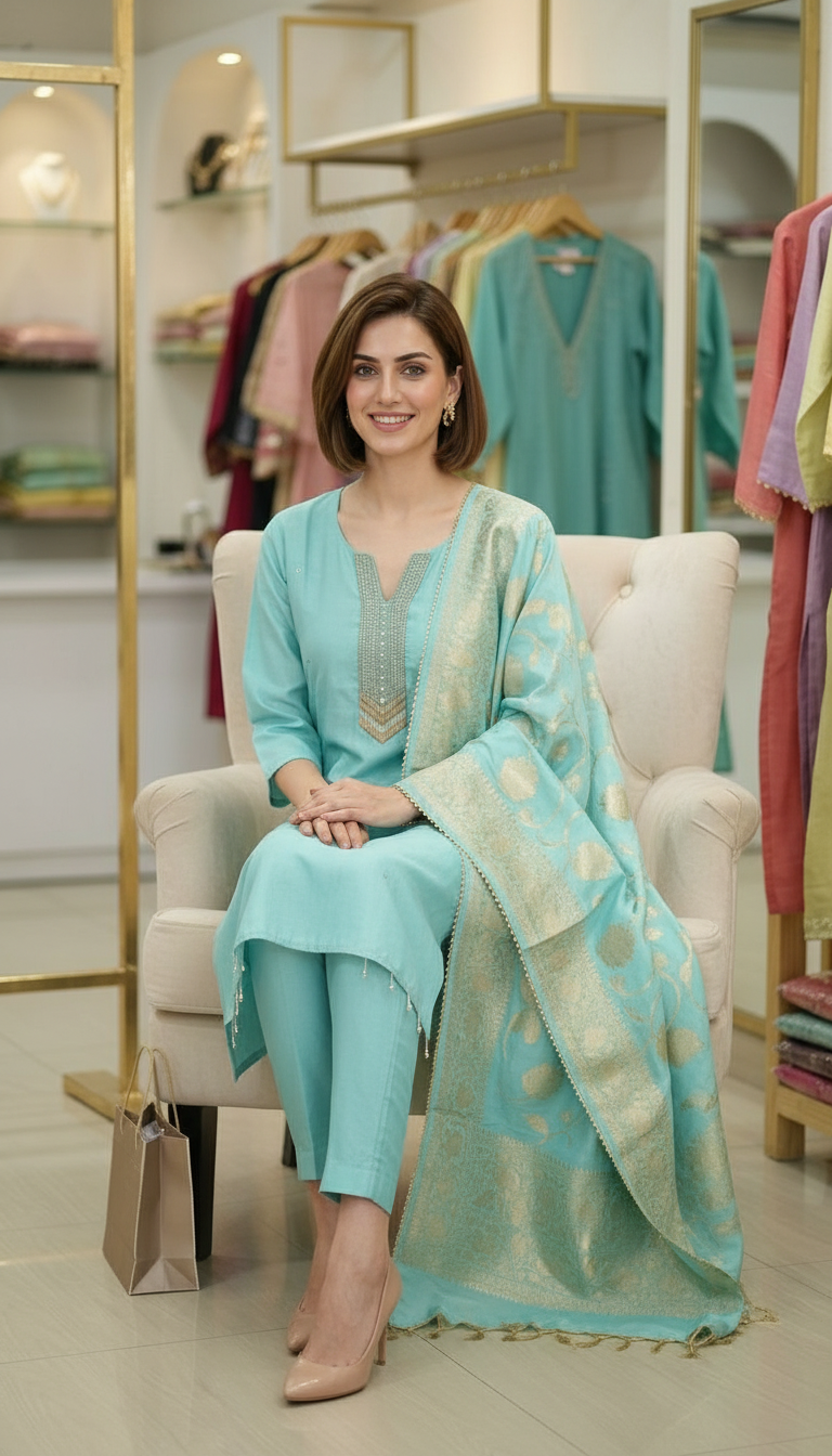 Comfortable Cotton Silk Stitched Suit - 7073 Firozi / HC002562 view 5