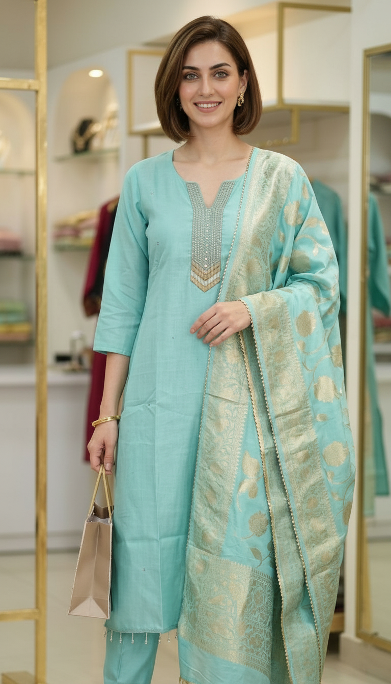Comfortable Cotton Silk Stitched Suit - 7073 Firozi / HC002562 view 3