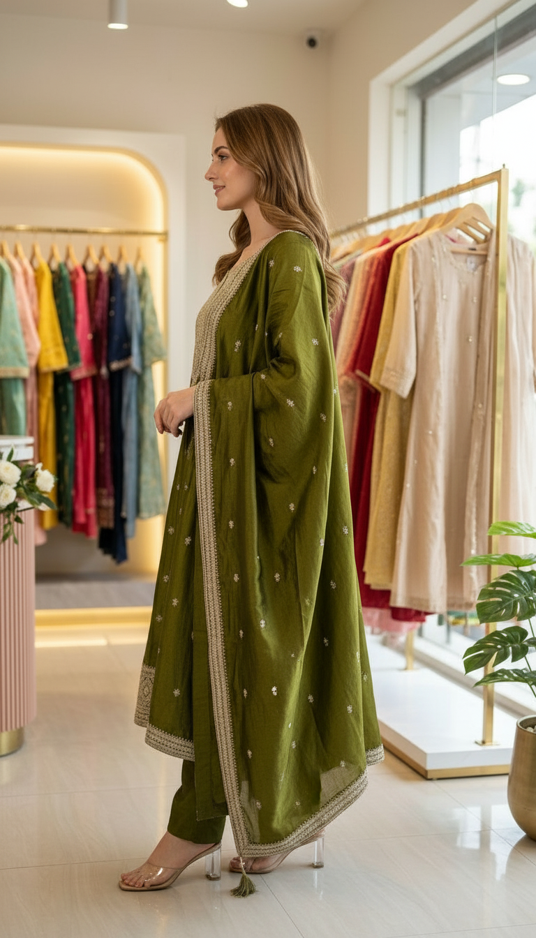 Heavy Embroidered Chinon Silk Stitched Gawn Set - 3917 Mehndi / HC002578 view 2