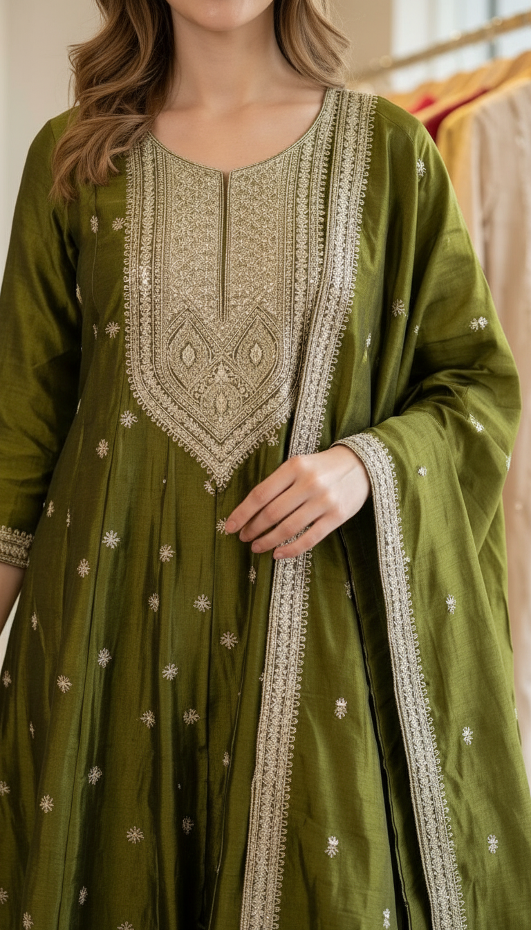 Heavy Embroidered Chinon Silk Stitched Gawn Set - 3917 Mehndi / HC002578 view 4